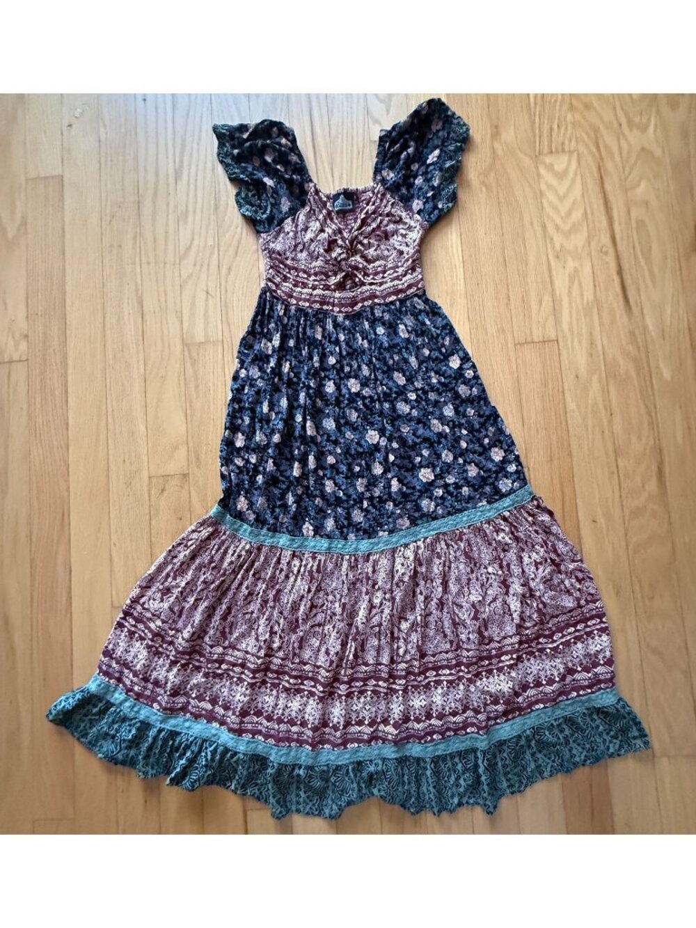 Angie Women's Medium Multicolored Boho Smocked Dress with cutout and v-neck